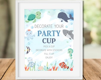 Ocean Party Cup Decorating Station Sign, Ocean Animals, Ocean birthday activity sign, Table Sign for ocean party activity CB1