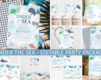 Ocean Birthday Bundle, Invitation + Party Decorations, Under the Sea 1st Birthday, Editable Template