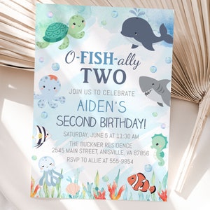 O-fish-ally Two Birthday Invitation, ocean animals, ofishally boy, blue, editable, Turning Two, Under the Sea invitation, whale, turtle CB1