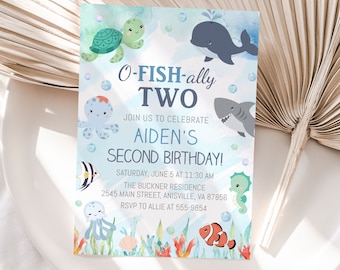 O-fish-ally Two Birthday Invitation: Under the Sea Animals (Editable Digital File)