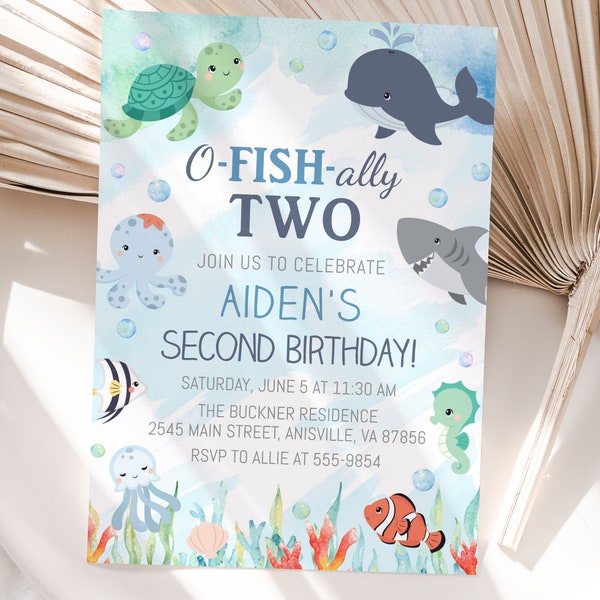 O-fish-ally Two-Geburtstagseinladung, Meerestiere, ofishally boy, blau, editierbar, Turning Two, Under the Sea-Einladung, Wal, Schildkröte CB1