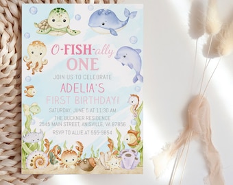 Ofishally One Birthday Invitation, Ocean Animals, Girl (Editable Template)
