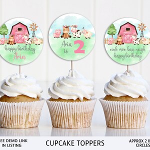 May include: Three cupcake toppers with farm animal designs. The toppers are 2 inches in diameter and feature a pink barn, green grass, and farm animals. The text on the toppers reads "happy birthday Aria", "Aria is 2", and "oink moo baa neigh happy birthday".