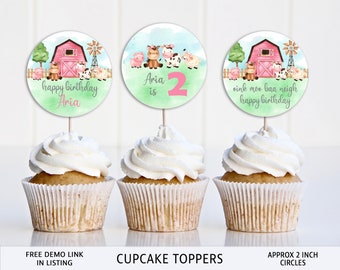 Pink Farm Animals Cupcake Toppers, Girl Birthday (Editable, Instant Download)