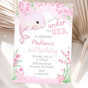 Pink Dolphin Birthday Invitation, pink, editable, Ocean Under the Sea invitation, pretty dolphin pink sea theme, Corjl, instant download