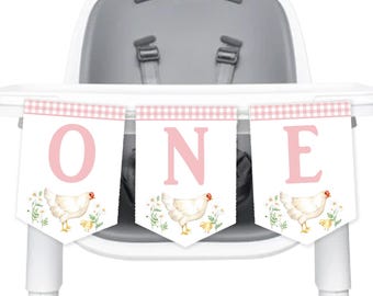 Chicken Pink ONE Highchair Banner, First Birthday (Instant Download) #017