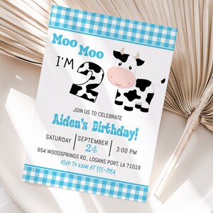 May include: A blue and white gingham patterned birthday invitation with a cartoon cow and the text "Moo Moo I'm 2" and "Aiden's Birthday!"  The invitation includes the date, time, and location of the party.