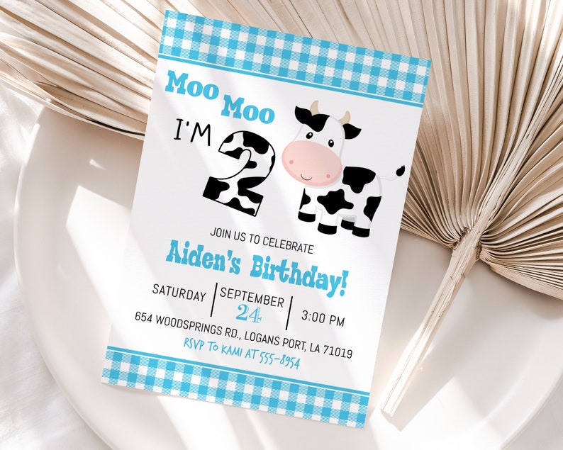 May include: A blue and white gingham patterned birthday invitation with a cartoon cow and the text "Moo Moo I'm 2" and "Aiden's Birthday!"  The invitation includes the date, time, and location of the party.