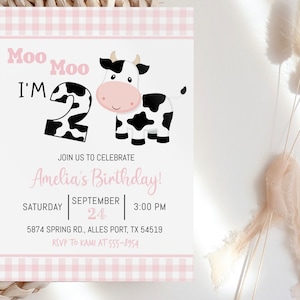 Cow Birthday Invitation reads &quot;Moo Moo I&#39;m Two&quot; editable Birthday invitation with pink gingham, instant download