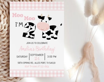 Cow Birthday Invitation reads &quot;Moo Moo I&#39;m Two&quot; editable Birthday invitation with pink gingham, instant download