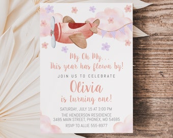 Airplane Birthday Invitation, girl, Editable This year has flown by, first birthday, second birthday or any age