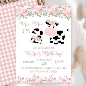 Verjaardagsuitnodiging koe, "Moo Moo I'm Two", bloemen (digitale download)