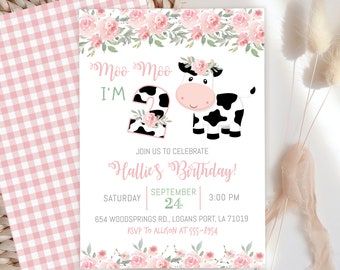 Cow Birthday Invitation, "Moo Moo I'm Two", Floral (Digital Download)
