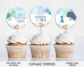 Toppers para cupcakes com tema oceano: Animais do fundo do mar, etiquetas circulares editáveis (download digital) #011