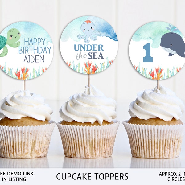 Ocean Cute Cupcake Toppers, Editable, Under the Sea Blue Ocean Animals, Circle Toppers Label, edit with CORJL, instant download, CB1