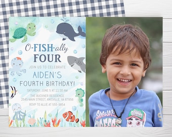 O-fish-ally Four Birthday Photo Invitation, Under the Sea Animals (Digital)