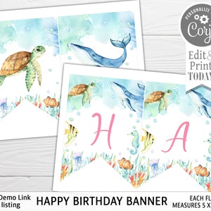 May include: A printable happy birthday banner with a watercolour ocean theme. The banner features a blue whale, sea turtles, seahorses, and colourful fish. Each flag measures 5 x 7 inches. The text "HAPPY BIRTHDAY BANNER" is printed on the banner.