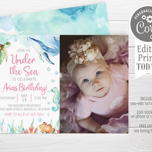 May include: Under the Sea themed birthday invitation with a watercolor background. The invitation features a whale, sea turtle, seahorse, and jellyfish. The text reads "Join us Under the Sea to celebrate Arias Birthday! Saturday May 24 3:00 PM The Buckner Residence 2545 Main Street, Anisville, VA 87856 RSVP to Allie at 555-9854".