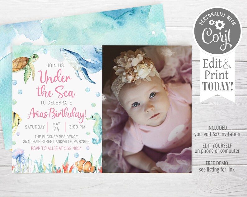 May include: Under the Sea themed birthday invitation with a watercolor background. The invitation features a whale, sea turtle, seahorse, and jellyfish. The text reads "Join us Under the Sea to celebrate Arias Birthday! Saturday May 24 3:00 PM The Buckner Residence 2545 Main Street, Anisville, VA 87856 RSVP to Allie at 555-9854".