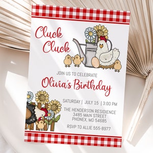 Chicken Birthday Invitation, cluck cluck, girl, editable, farm party invite turning one, two or any age, edit with Corjl, instant download