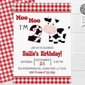 Cow Birthday Invitation: "Moo Moo I'm Two" Turning 2 Red Gingham (Digital Download) D208 image 3