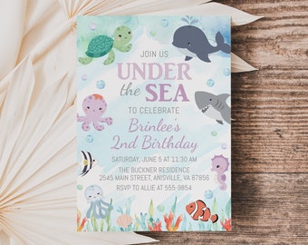 Under the Sea Birthday Invitation with cute ocean animals in purple, editable, Ocean invitation, instant download