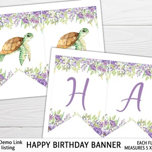 May include: Purple floral birthday banner with the letters "H", "A", and "P" printed on each flag. Each flag measures 5 x 7 inches. The banner features a watercolor design with a purple floral border and a sea turtle illustration on the top of each flag.