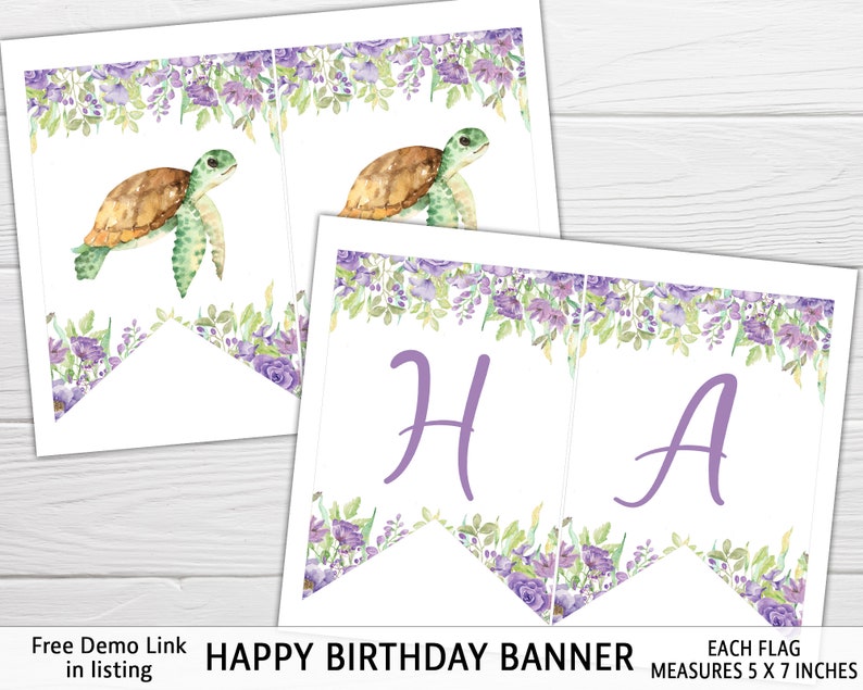 May include: Purple floral birthday banner with the letters "H", "A", and "P" printed on each flag. Each flag measures 5 x 7 inches. The banner features a watercolor design with a purple floral border and a sea turtle illustration on the top of each flag.