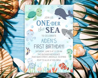 Ocean Animals First Birthday Invitation Template: One-der the Sea (Editable, Digital Download) #11