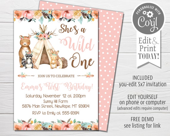 Wild One Birthday Invitation with teepee and forest animals, first birthday, boho chic, edit with Corjl, instant download Il_570xn