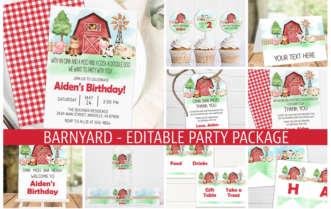 Barnyard Party Package, Editable Party Bundle With Barnyard Animals - Etsy