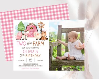 Farm Animals 2nd Birthday Photo in Pink Invitation Template (Digital Download) #014P