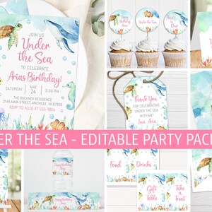 May include: Under the Sea themed party printable package featuring a blue whale, seahorse, turtle, and jellyfish. Includes invitations, thank you tags, cupcake toppers, water bottle labels, and a welcome sign. The text on the invitation reads "Join us Under the Sea to celebrate Arias Birthday!"