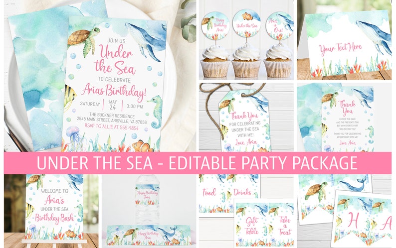 May include: Under the Sea themed party printable package featuring a blue whale, seahorse, turtle, and jellyfish. Includes invitations, thank you tags, cupcake toppers, water bottle labels, and a welcome sign. The text on the invitation reads "Join us Under the Sea to celebrate Arias Birthday!"