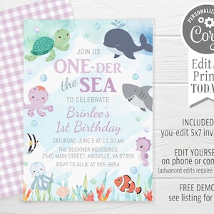 Oneder the Sea Birthday Invitation purple, ocean animals, girl, editable, First Birthday Under Sea Party, edit with Corjl, instant download