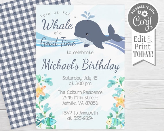 Whale Birthday Invitation, editable, Whale of a Good Time, Under the Sea invitation, whale birthday, edit with Corjl, instant download Il_570xn