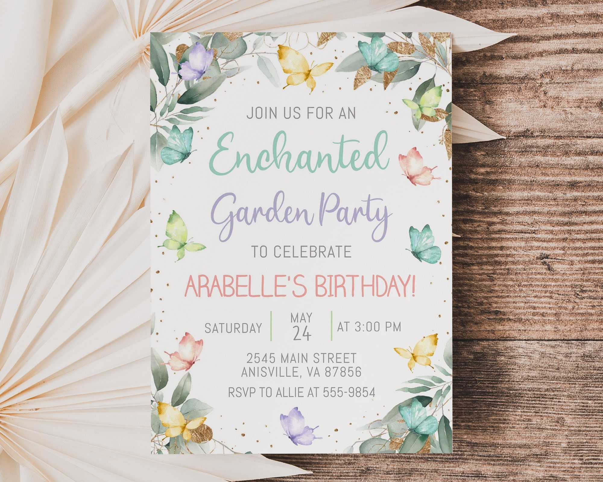 Enchanted Garden Birthday Invitation, editable, butterfly birthday invitation, greenery, boho chic, edit with Corjl, instant download