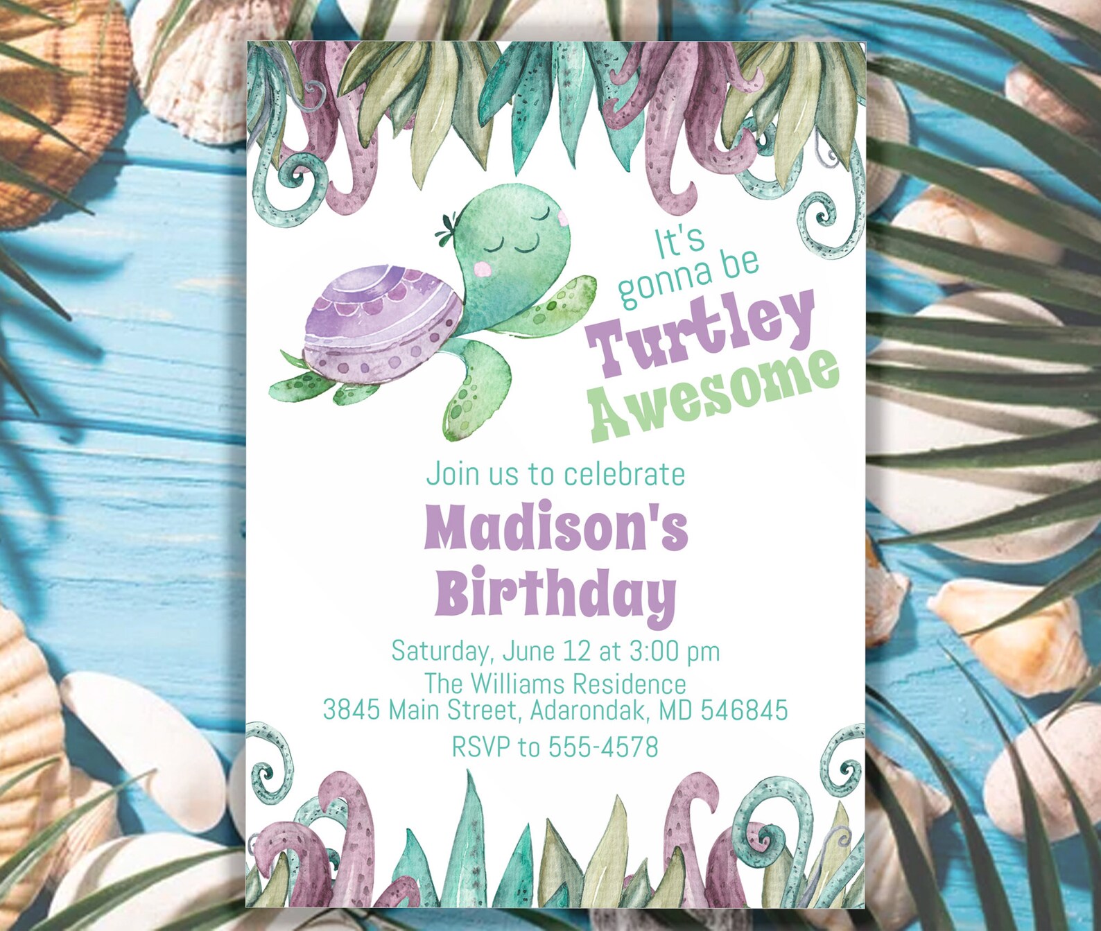 Purple Turtle Birthday Invitation, Editable, Turtle Invitation, Ocean ...