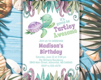 Purple Turtle Birthday Invitation, Editable Ocean Party (Digital Download)
