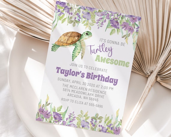 Turtle Birthday Invitation Template, editable, Turtley Awesome, Under the Sea invitation, girl purple flowers, turtle Il_570xn