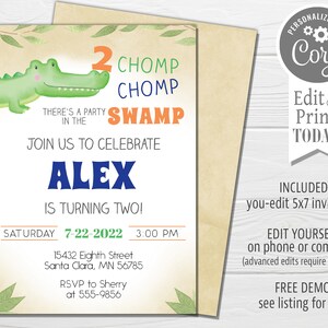 May include: A printable invitation for a 2-year-old's birthday party. The invitation features a green alligator with the text "2 Chomp Chomp Swamp" and "Join us to celebrate Alex is turning two!" The invitation is decorated with green leaves and a brown background.