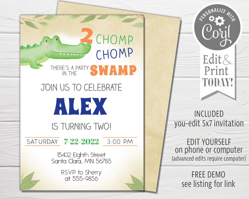 May include: A printable invitation for a 2-year-old's birthday party. The invitation features a green alligator with the text "2 Chomp Chomp Swamp" and "Join us to celebrate Alex is turning two!" The invitation is decorated with green leaves and a brown background.