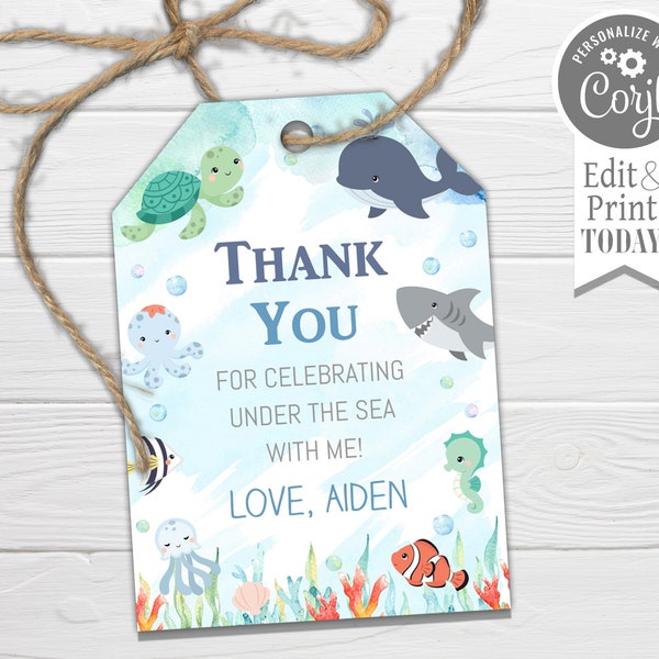 Ocean Animals Favor Tags, Editable, Under the Sea Hang Tag, Thank you tag, edit with CORJL, instant download, CB1, DB1