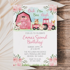 Farm Birthday Invitation Template, Oink Moo Baa Neigh, girl, flowers, editable, farm animals, barnyard, one two or any age, edit with Corjl