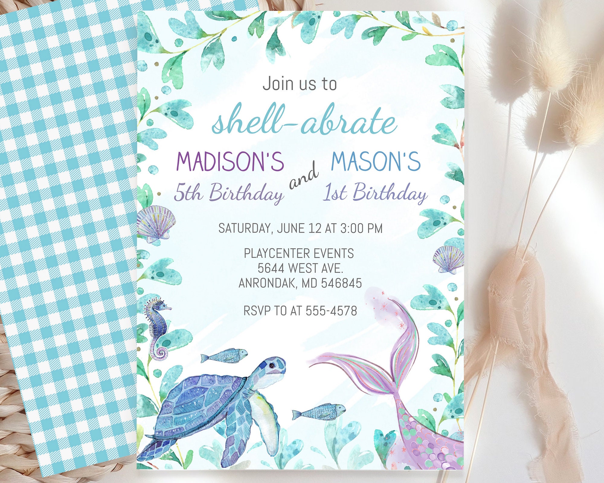 Turtle Mermaid Birthday Invitation Template, Under the Sea, Editable ...
