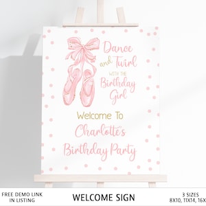 Ballett-Party-Willkommensschild-Vorlagen in 8x10, 11x14, 16x20-Zoll bearbeitbare Ballerina-Willkommensschild-Digitaldatei, Tanz und Twirl
