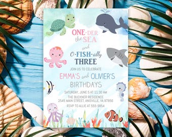 Ocean Double Birthday Invitation: Sibling Joint Two Child Boy Girl Party (Editable Template) #011D1