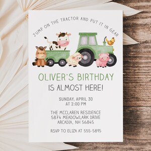 Farm Animals Birthday Invitation, Green Tractor, Barnyard Animals (Digital Download)