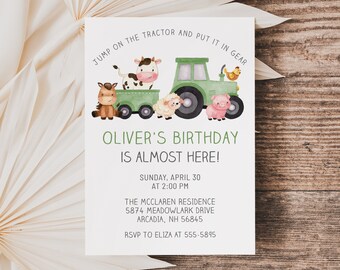 Convite de Aniversário com Animais da Fazenda, Trator Verde, Animais do Celeiro (Download Digital)