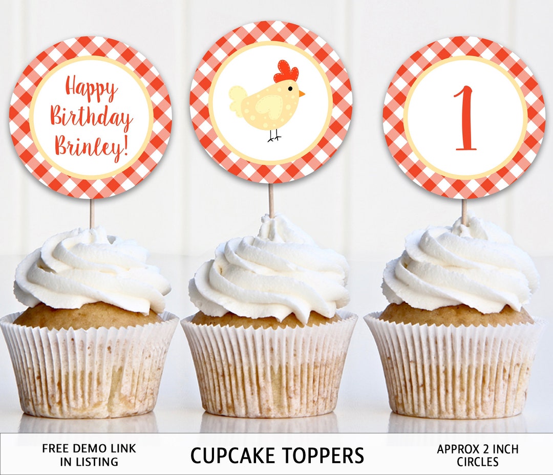Chicken Cupcake Toppers, Editable, Circle Toppers, Happy Birthday Farm